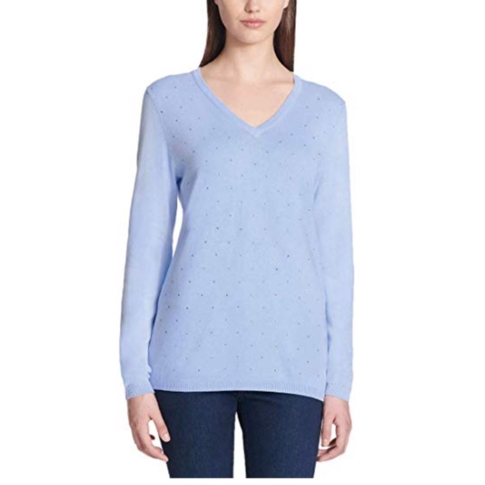 DKNY French Blue Embellished V-Neck Sweater S